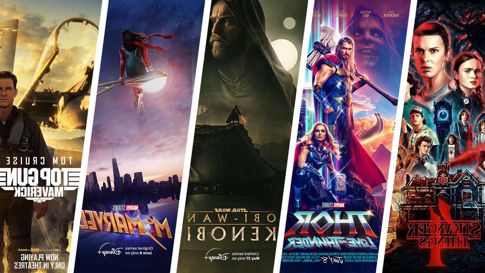 《怪奇物语4》(Stranger Things 4)、《雷神》(Thor)、《欧比旺·克诺比》(Obi-Wan Kenobi)、《哈利波特》(哈利波特)等电影海报. 《漫威》和《壮志凌云:特立独行》.